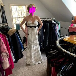 Strapless White Polka Dot Gown with Black Waist Bow